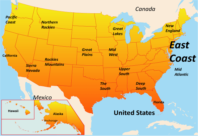 East Coast Map Showing Attractions & Accommodation